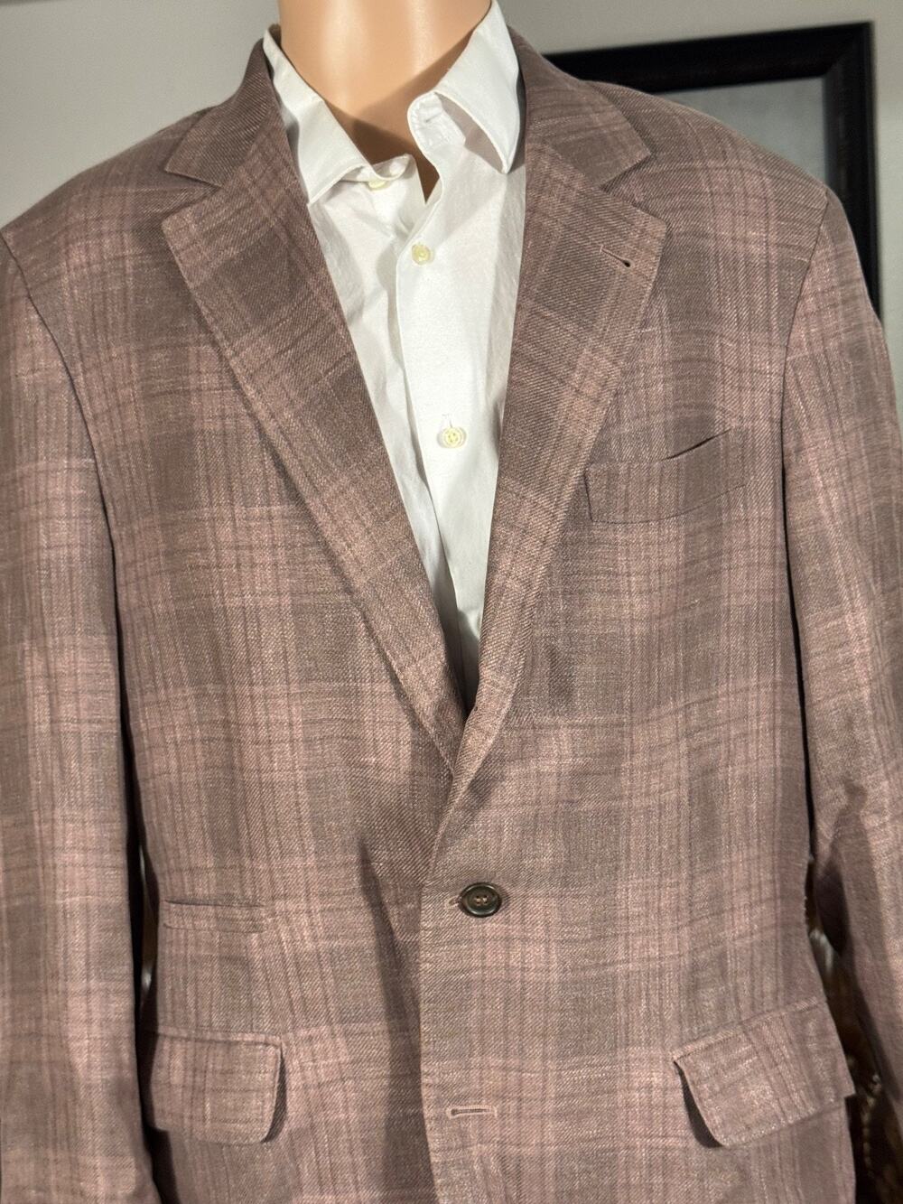 Brunello Cucinelli Peach Taupe Plaid Blazer Sport Jacket 52 IT 42R US Linen Silk